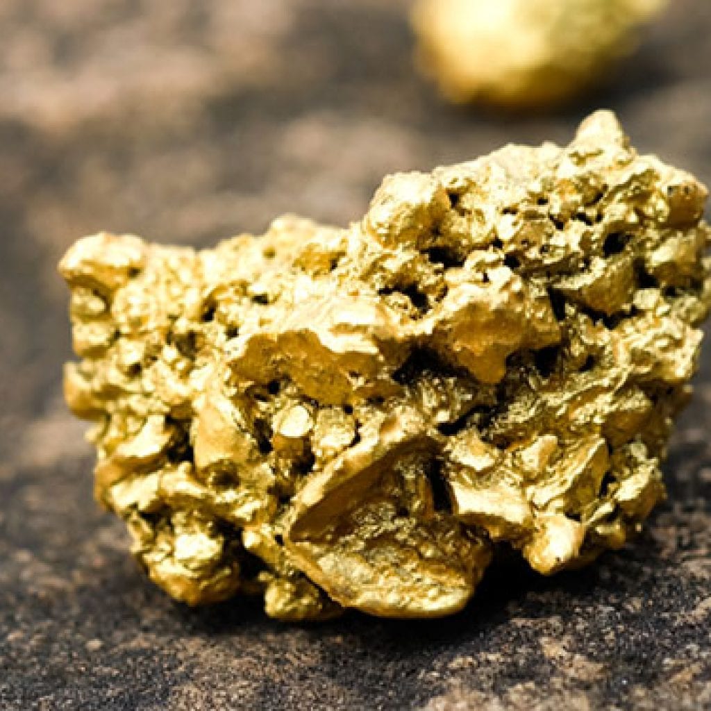 Close-up of a rough gold nugget resting on rock